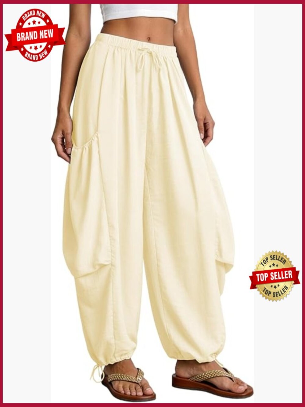 Drawstring Harem Pants with Pockets Boho Baggy Gauze Palazzo Summer Travel